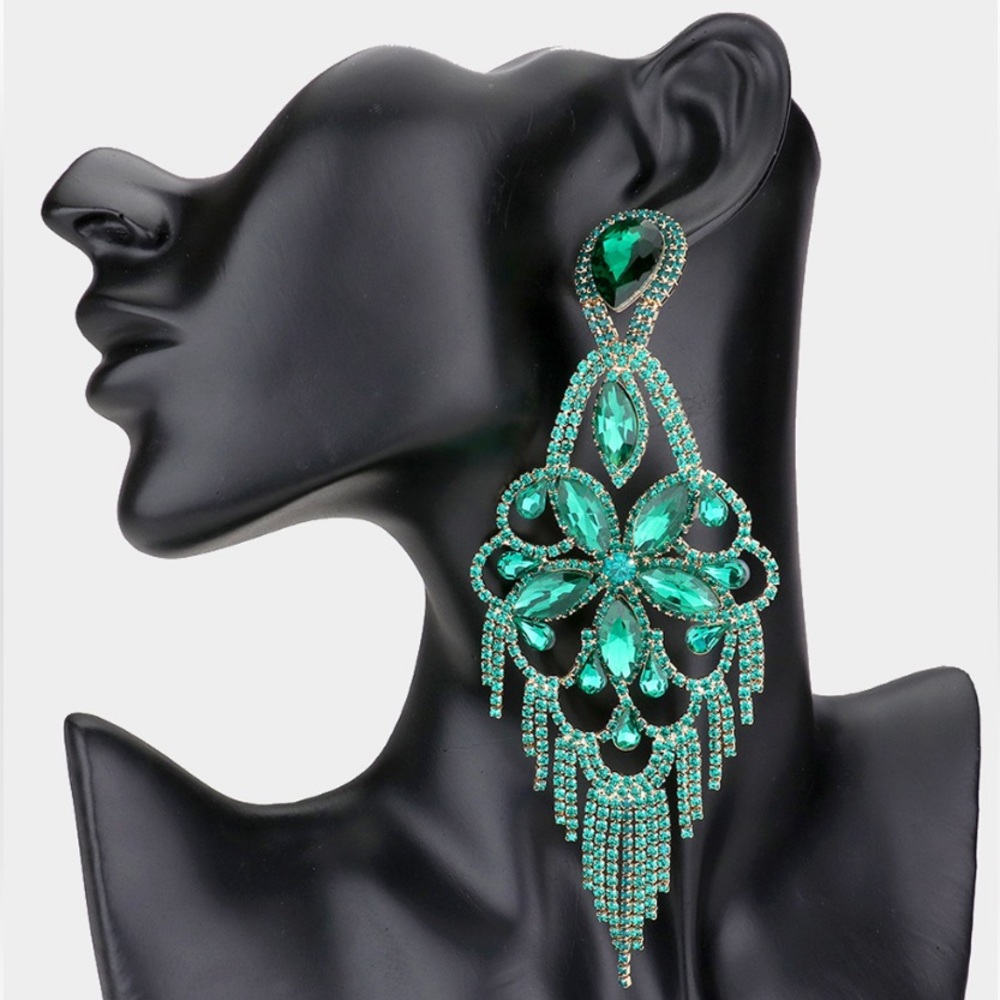 Marquise Stone Flower Accented Chandelier Evening Earrings